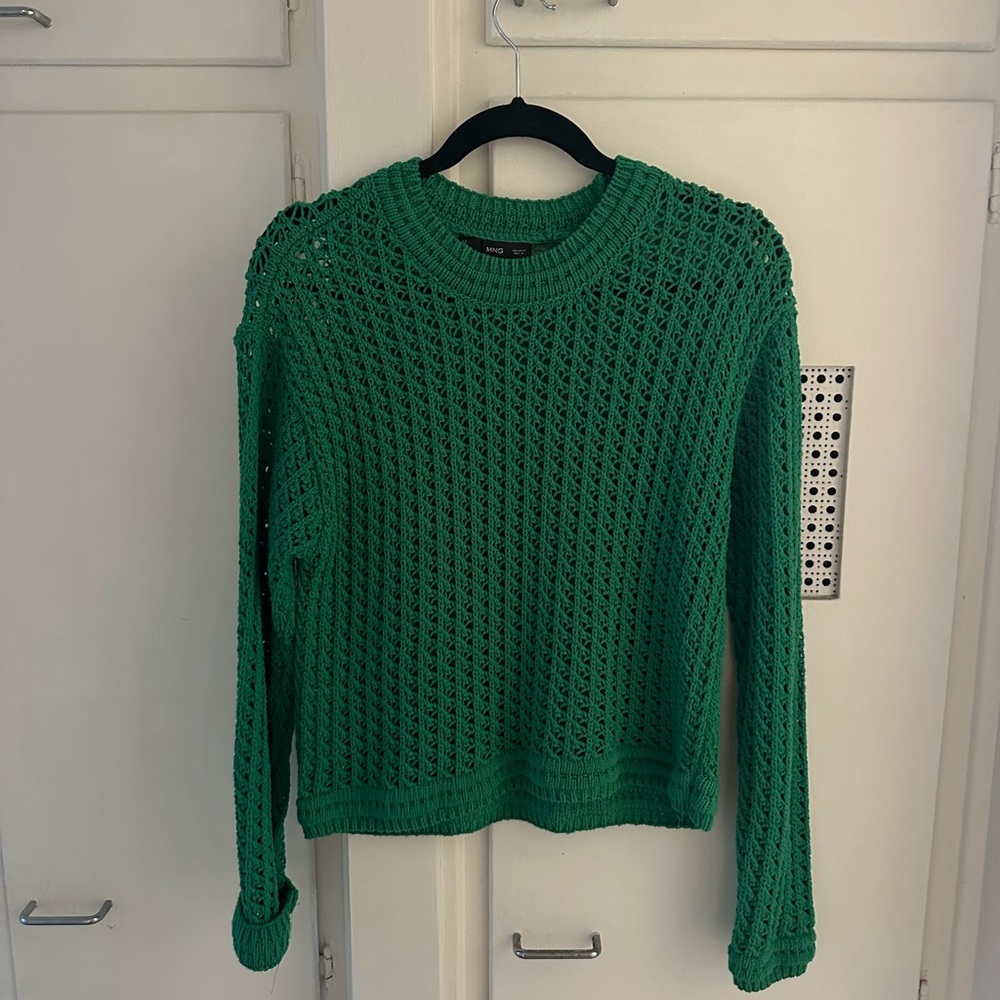 Mango Emerald Open-Weave Crewneck Sweater